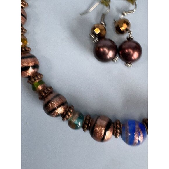 Copper Blue Green Orange Venetian Glass Beaded Necklace & Earrings Set - Picture 9 of 10
